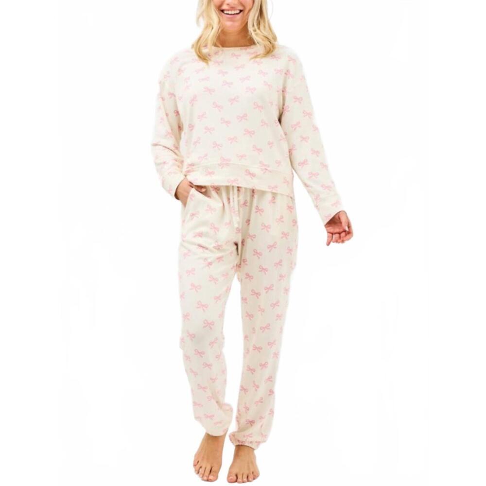 NEW MARY SQUARE women's bows sophie pant set in white pink